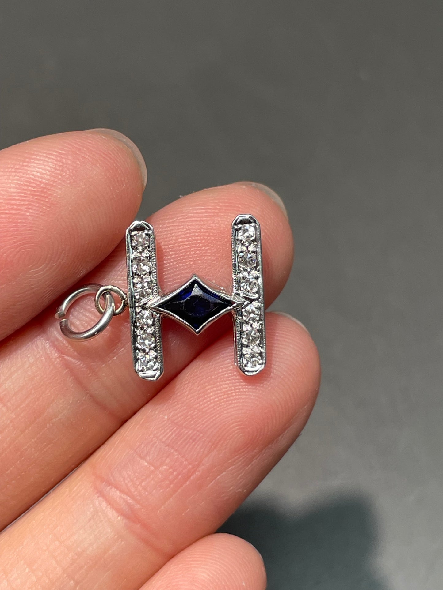 Art Deco Platinum Sapphire 0.18ct Diamond Motif Charm