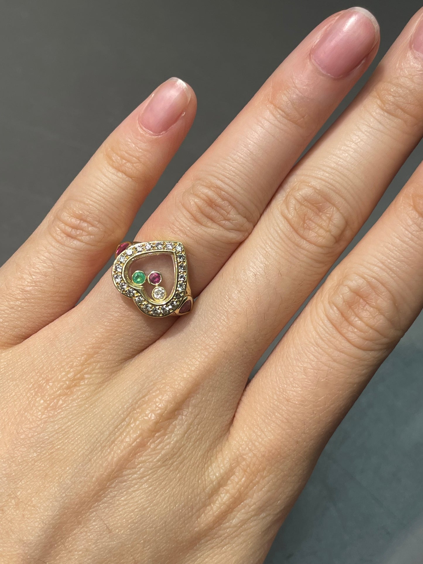 18K Yellow Gold Diamond Sapphire Ruby Floating Heart Ring