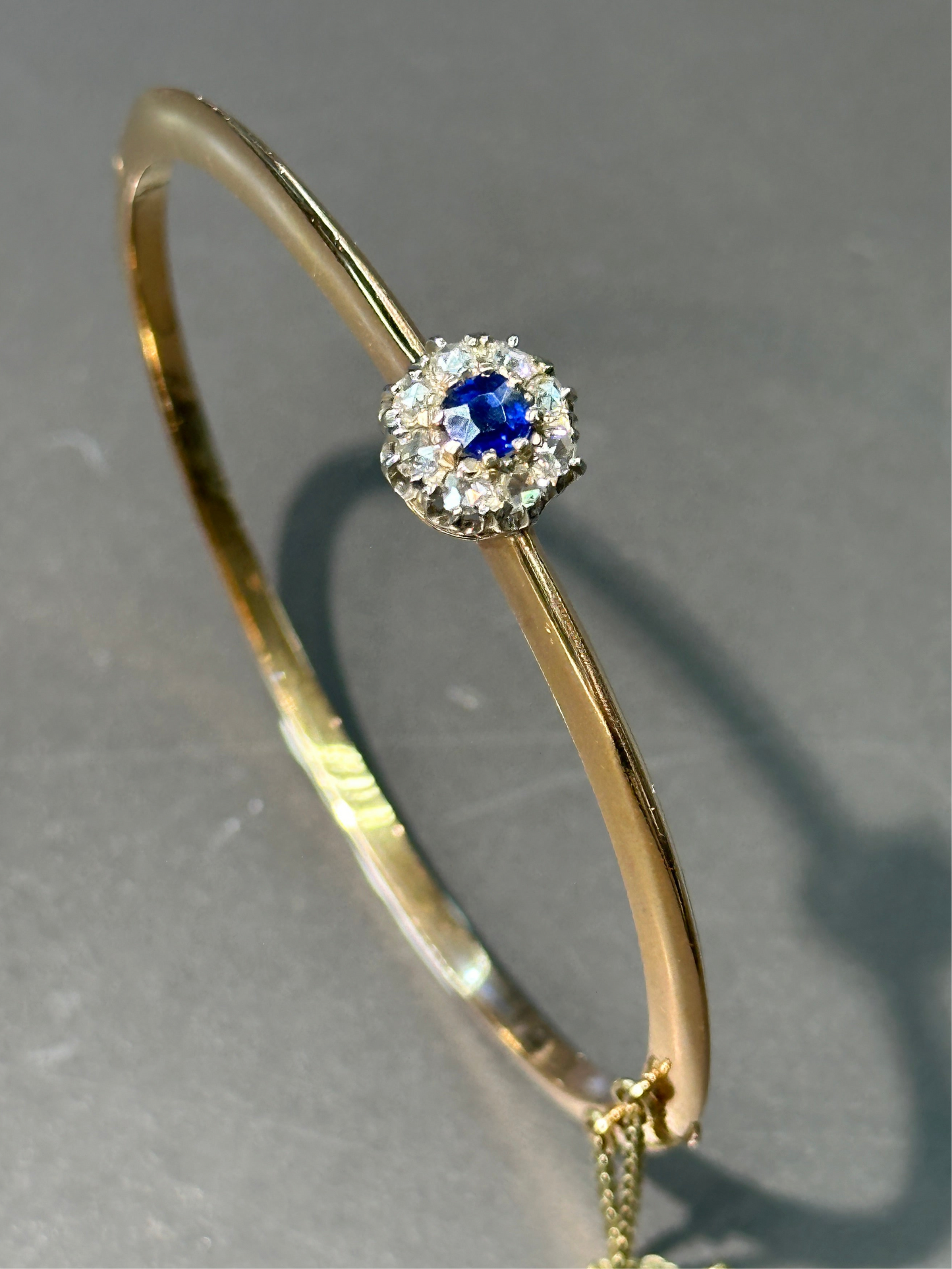 Antique French 18K Gold Natural Sapphire Diamond Halo Bangle Bracelet