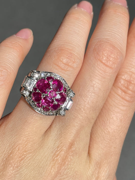 Retro Platinum 3.80 CTW Ruby Diamond Cluster Tank Ring