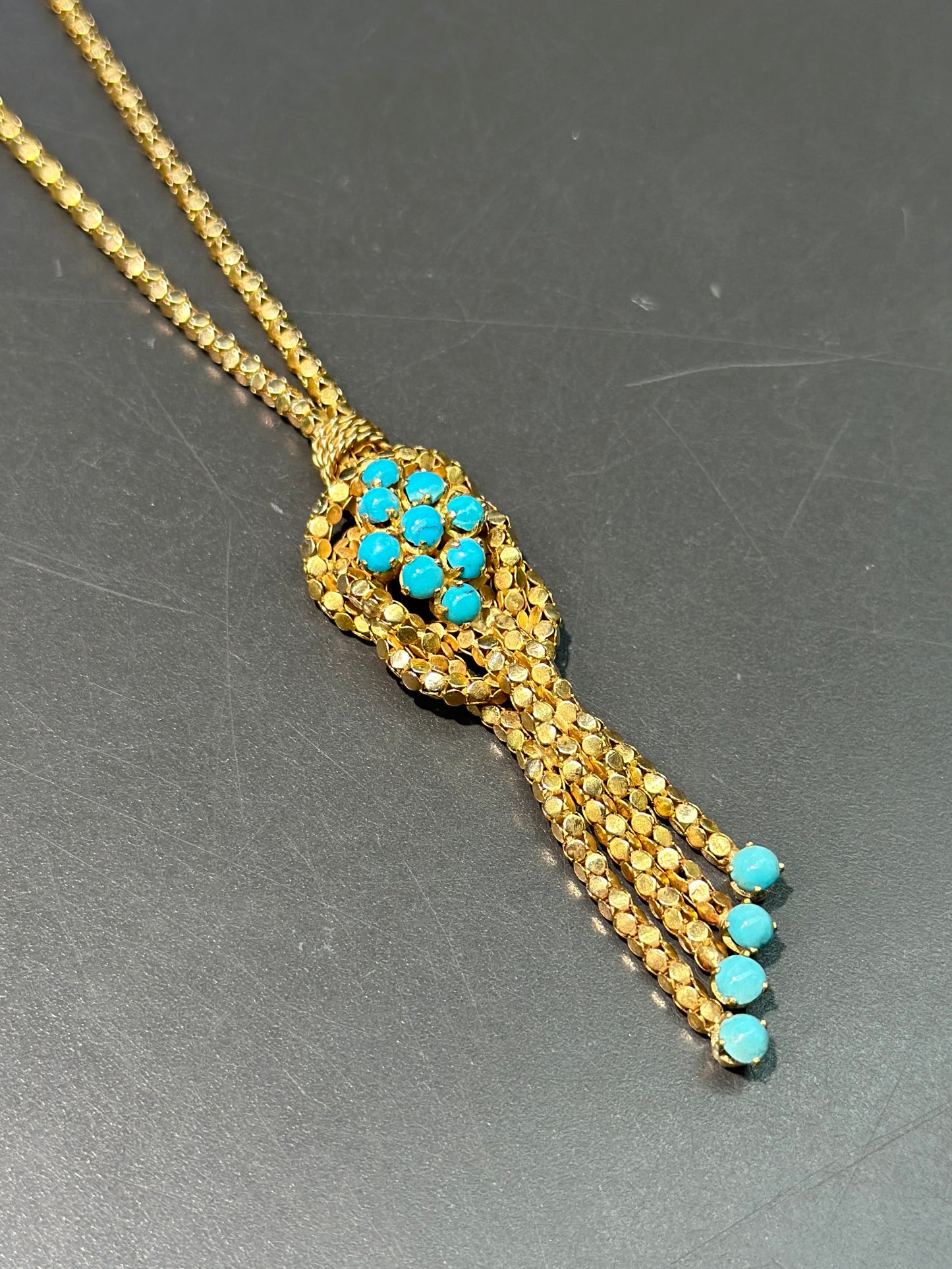 Retro 18K Yellow Gold Turquoise Popcorn Chain Tassel Necklace