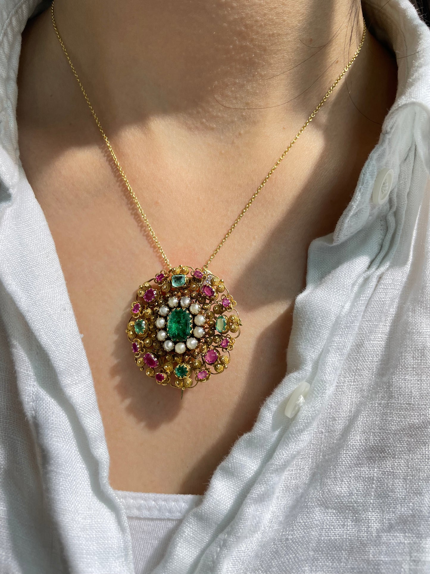Antique Georgian 22K Yellow Gold Emerald Ruby Pearl Cannetille Brooch