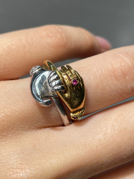 Victorian 18K Yellow Gold and Platinum Ruby Diamond Gimmel Hand Ring