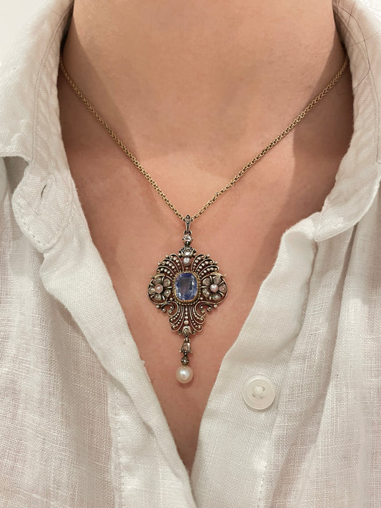 Antique 14K Gold Topped Silver 3.64 CTW GIA No Heat Ceylon Sapphire Diamond Pearl Motif Pendant