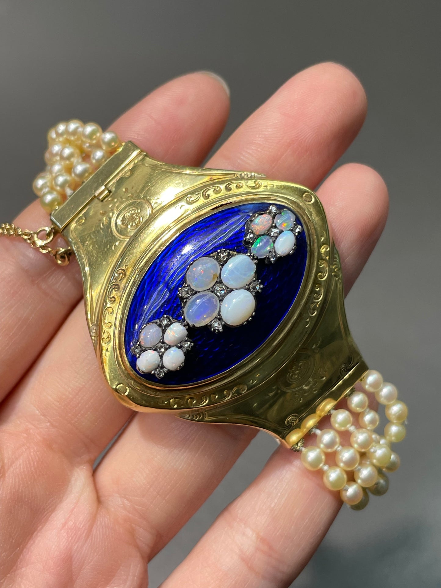 Antique French Victorian 18K Yellow Gold Opal Diamond Multi-Strand Pearl Guilloche Enamel Bracelet