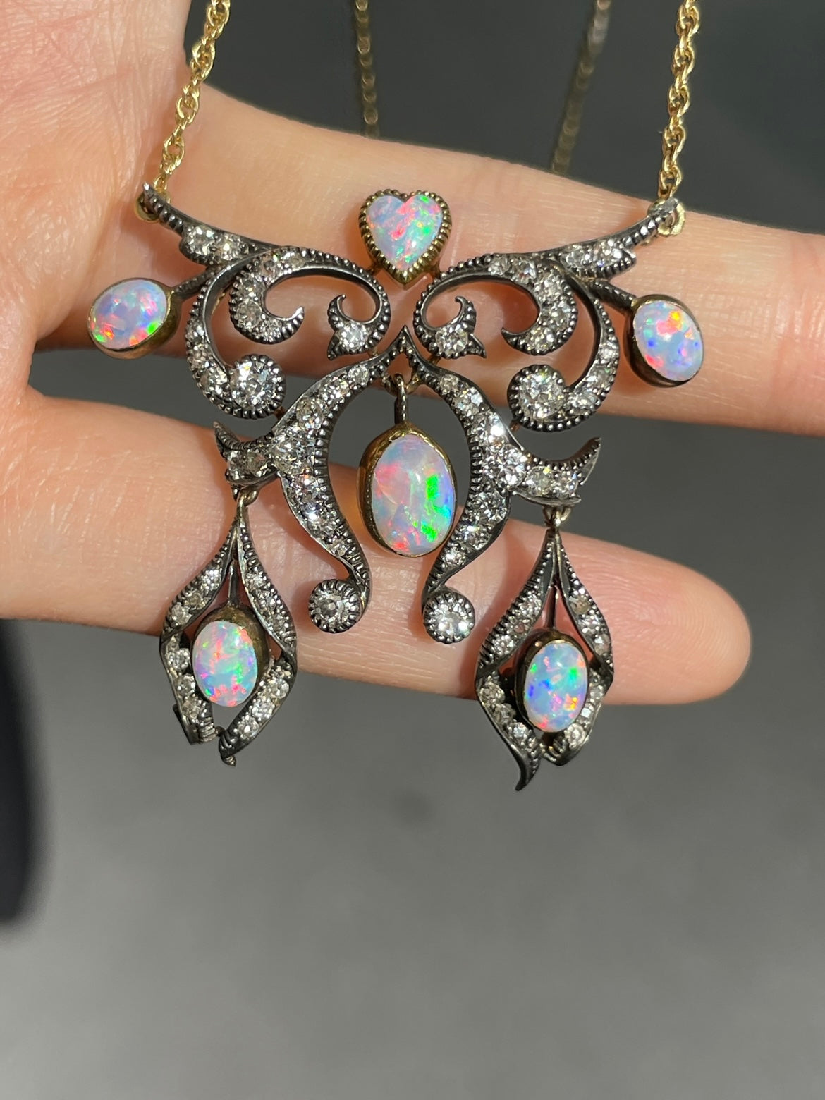 Antique 14K Gold Topped Silver Diamond Opal Lavaliere Pendant