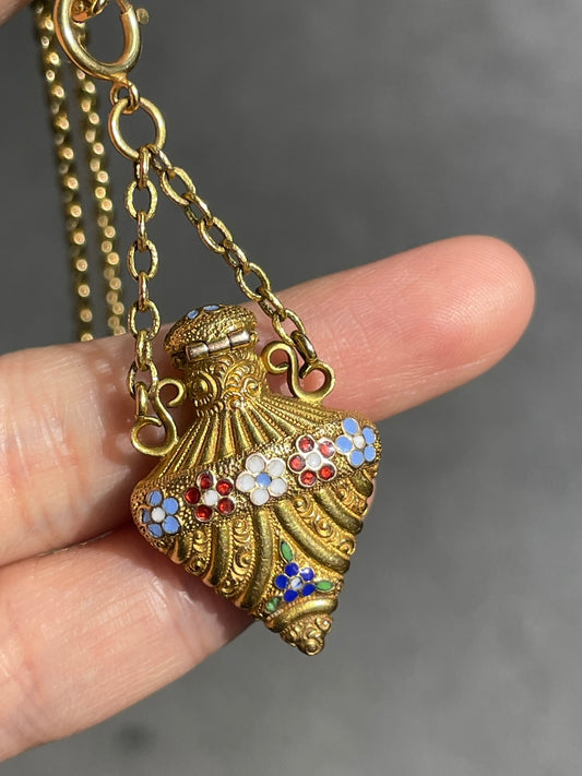 Antique 18K Gold Enamel Forget Me Not Perfume Bottle Pendant