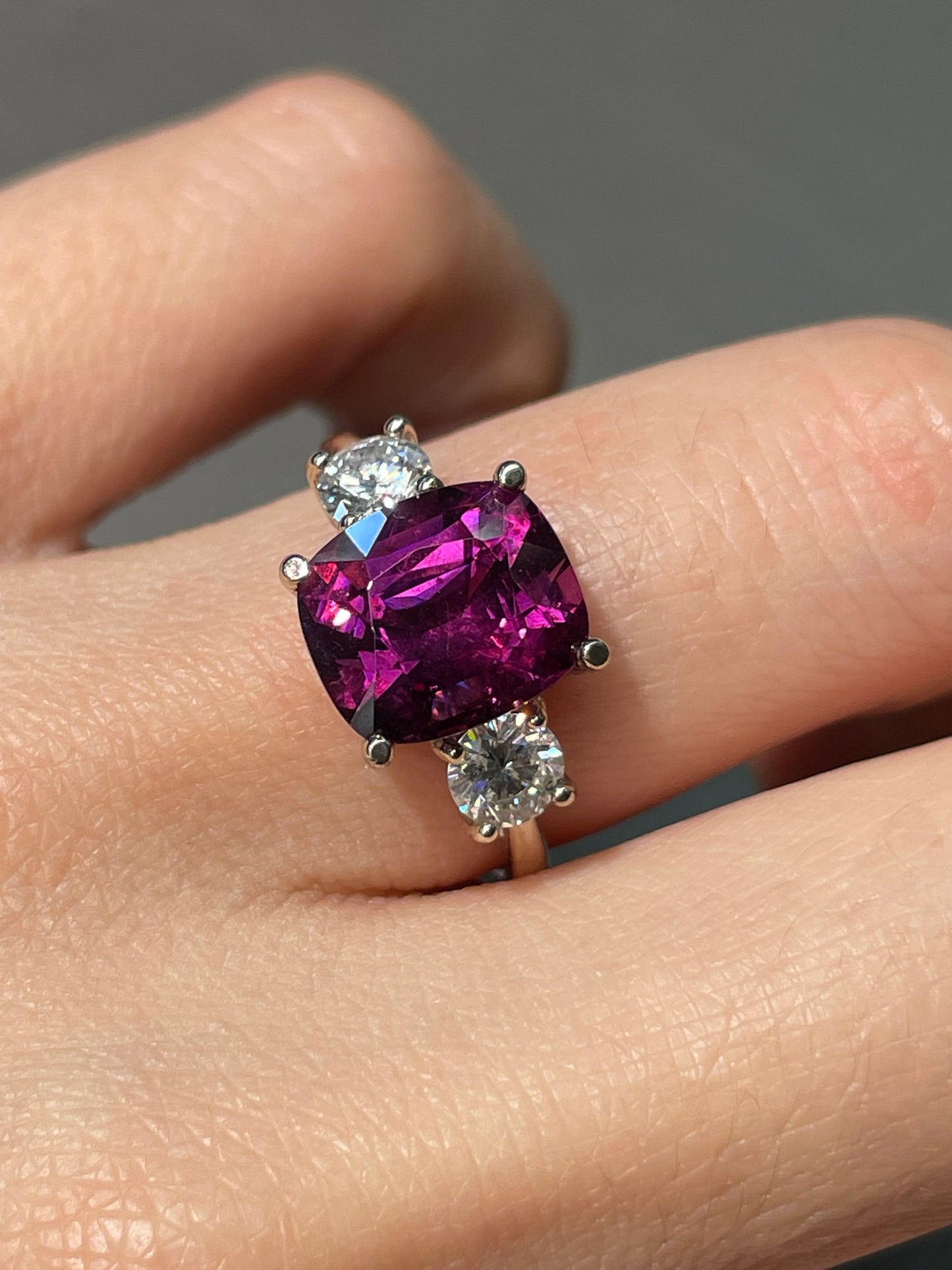 14K White Gold 4.20 CT Rhodolite Diamond Trilogy Ring