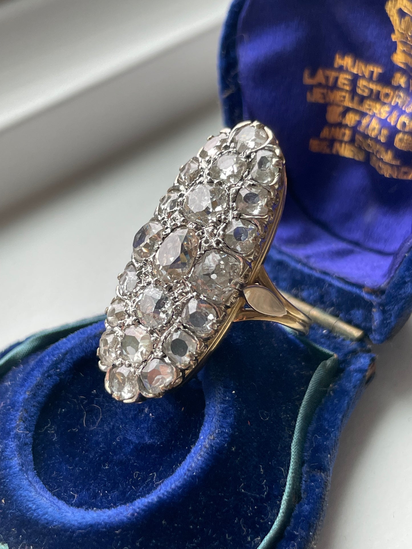 Antique French 18K Yellow Gold 6.5 CTW Old Mine Cut Diamond Oval Cluster Statement Ring