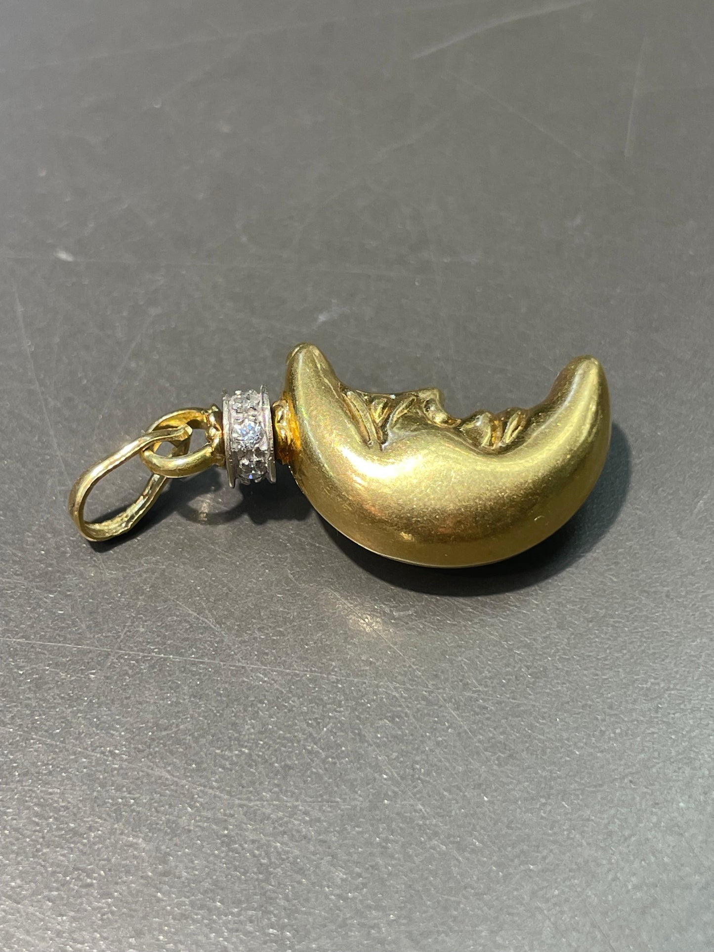 Vintage 18K Yellow Gold Diamond 0.18 CTW Crescent Moon Face Charm