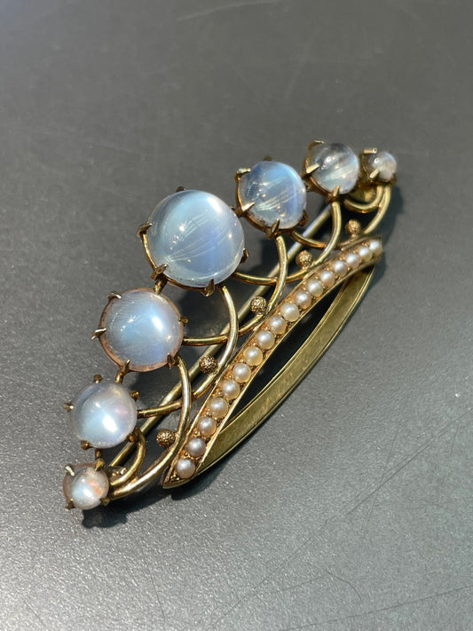Antique 14K Yellow Gold Ceylon Moonstone Pearl Crown Brooch