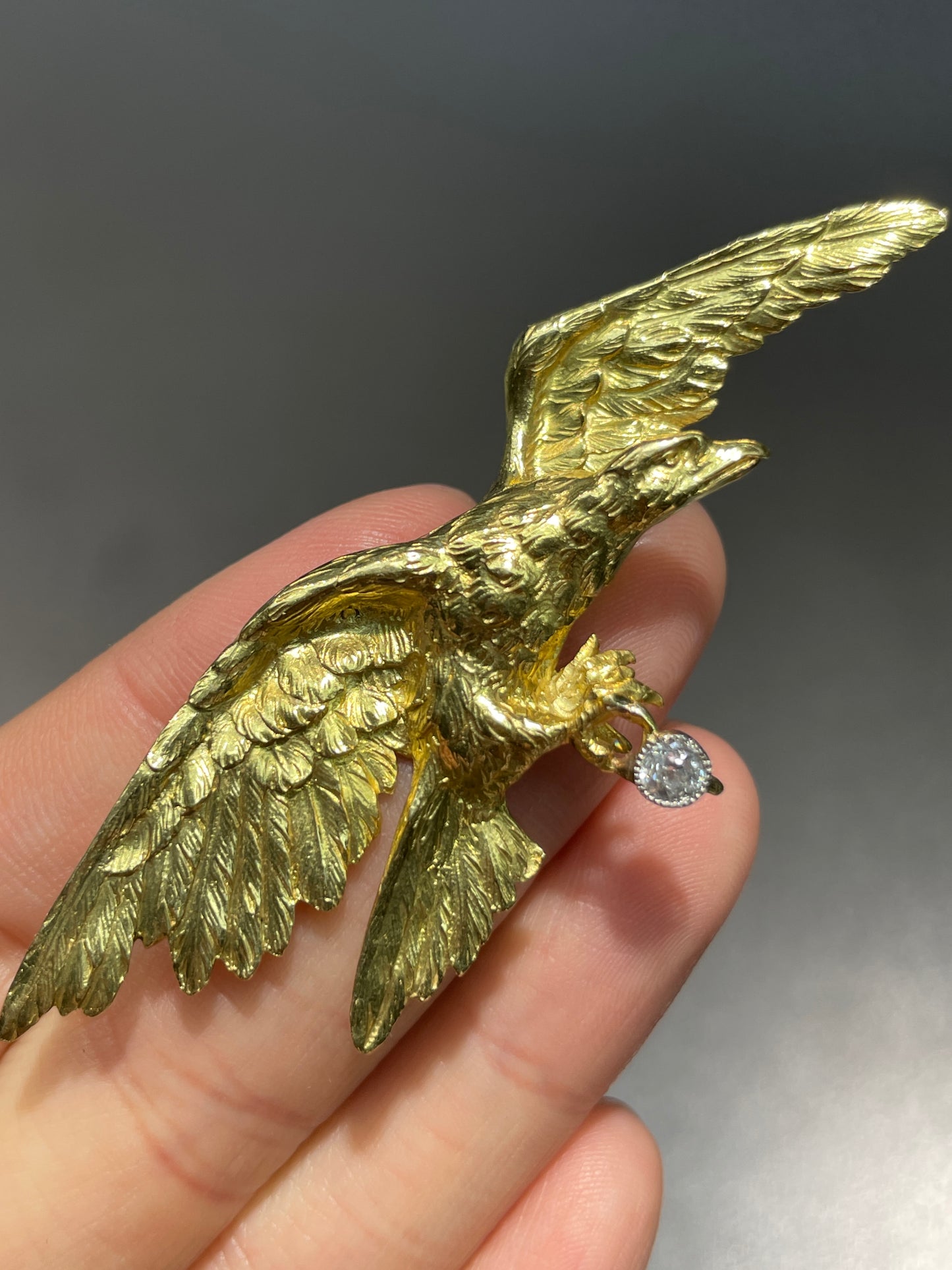 Antique French 18K Gold Diamond Flying Eagle Brooch