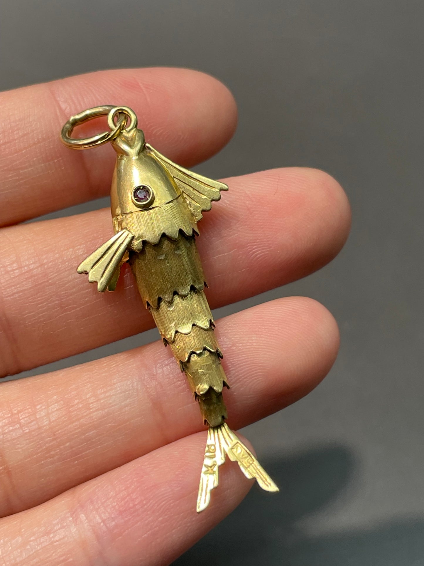 Vintage 18K Yellow Gold Ruby Articulated Fish Pendant