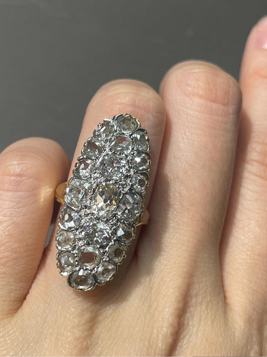 Antique French 18K Yellow Gold 6.5 CTW Old Mine Cut Diamond Oval Cluster Statement Ring