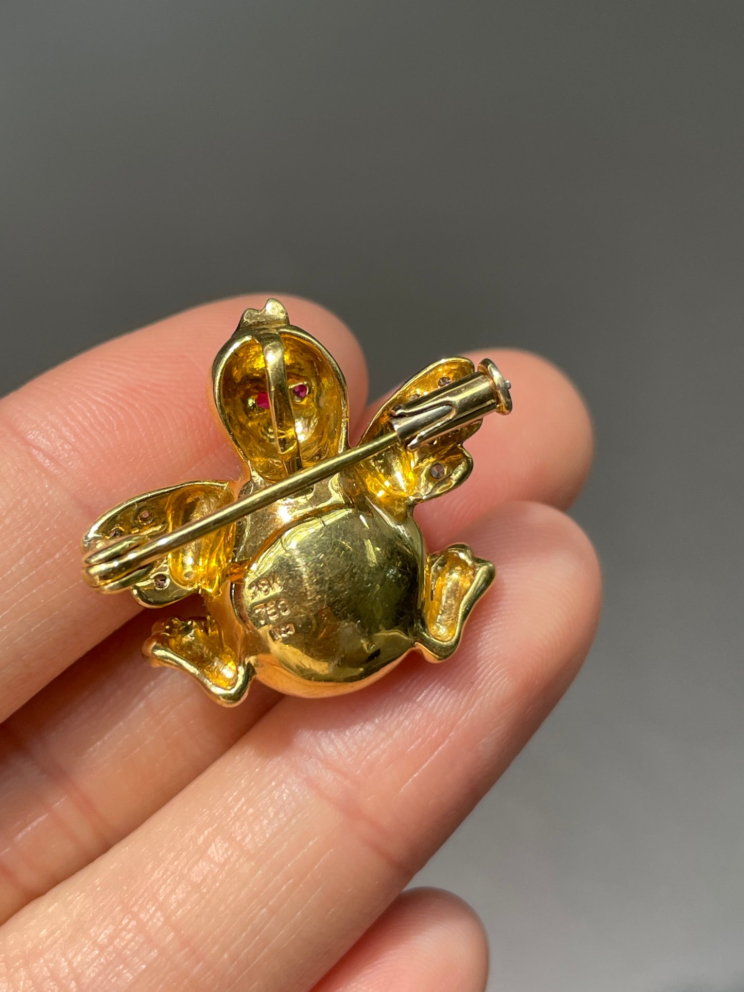 Vintage 18K Gold Pearl Ruby Diamond Duck Brooch Pendant