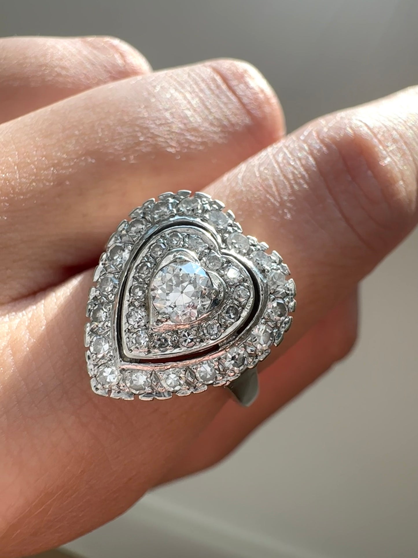 Vintage 14K White Gold 0.95 CTW Diamond Heart Ring