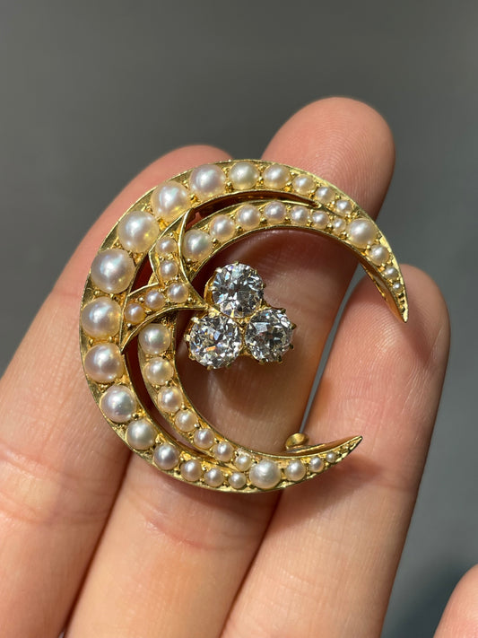 Victorian 18K Yellow 1.65 CTW Diamond Natural Pearl Crescent Moon Brooch
