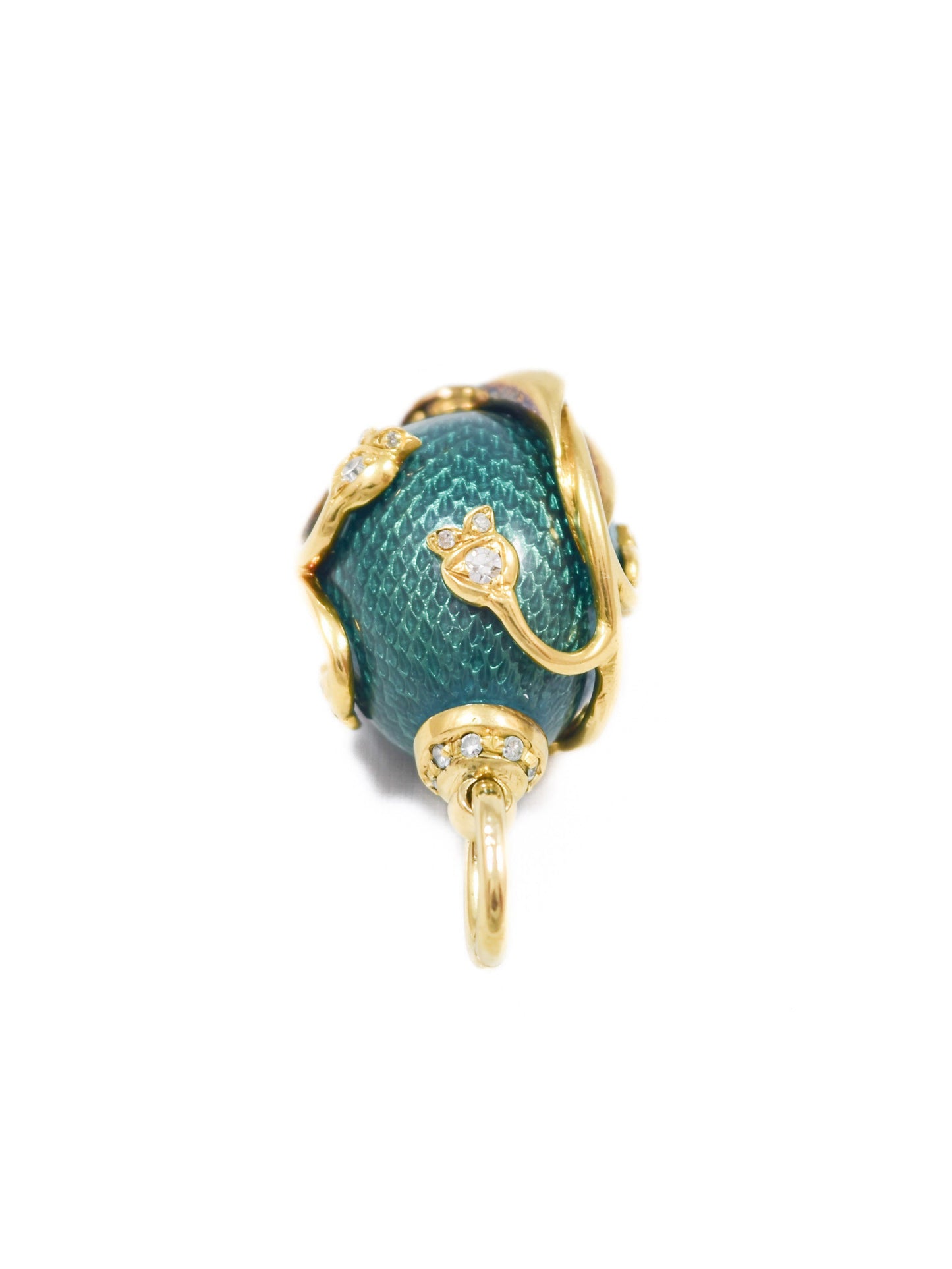 Vintage 18K Gold Diamond Lily of the Valley Guilloche Enamel Egg Pendant