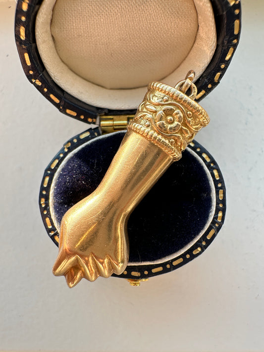 Antique 14K Yellow Gold Large Enamel Motif Figa Charm Pendant