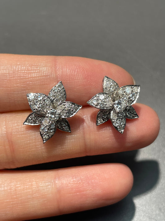 Vintage 14K White Gold 1.37 CTW Diamond Pansy Flower Stud Earring