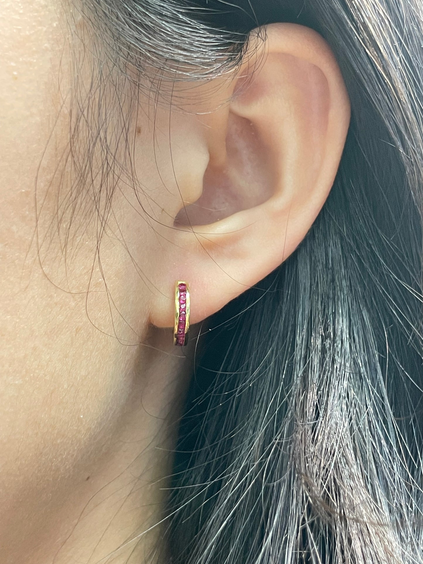 18K Yellow Gold Ruby Hoop Earring