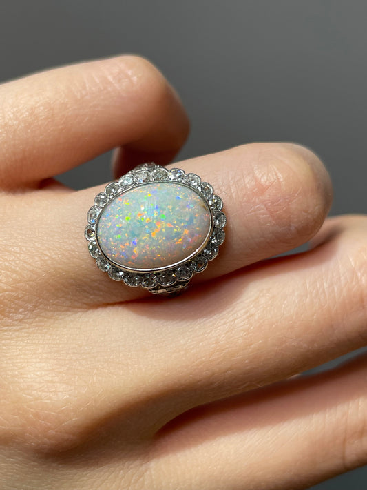 Art Deco Platinum Opal 0.88 CTW Diamond Halo Ring