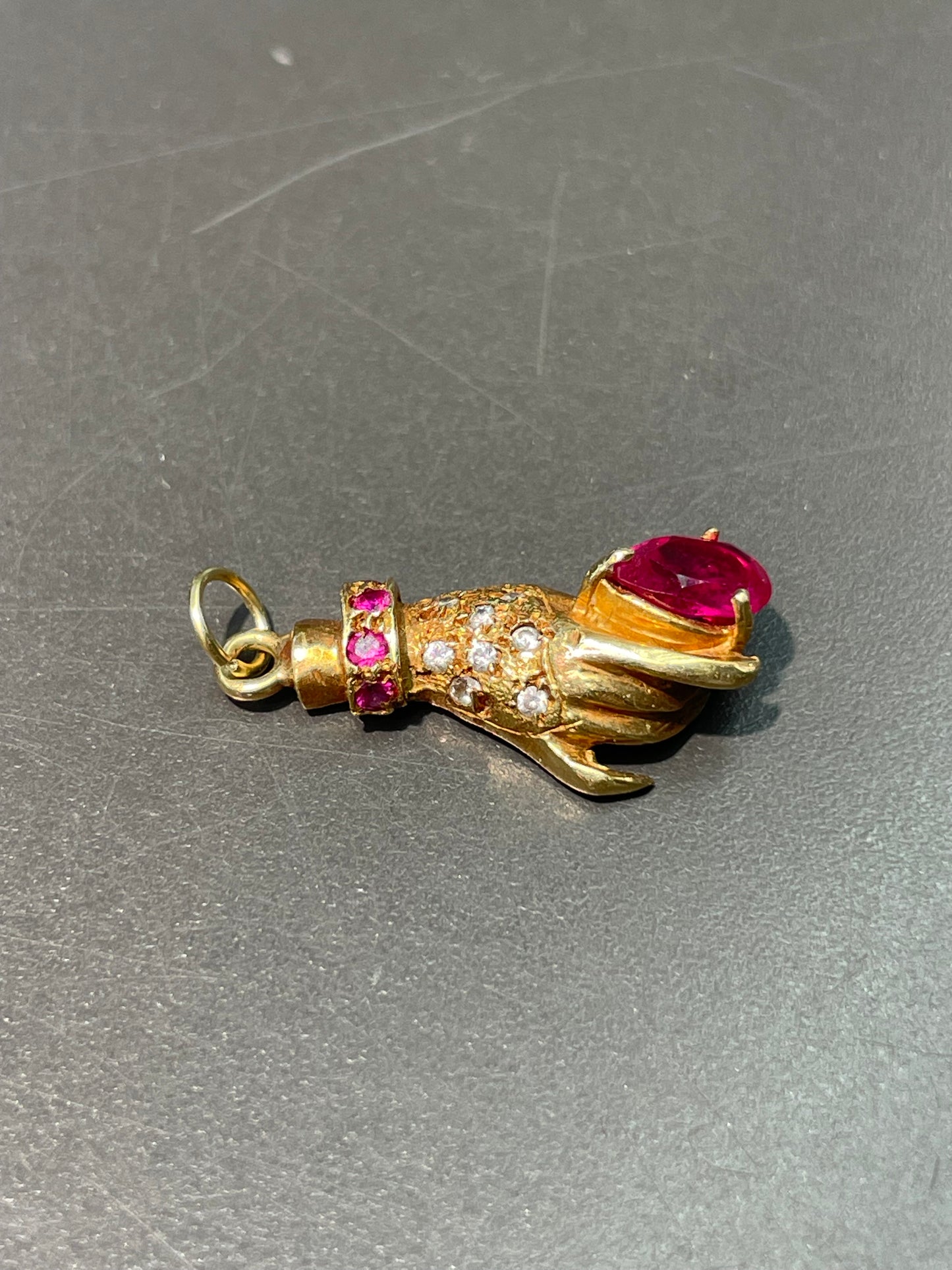 Antique 18K Gold Figural Hand with Ruby Diamond Pendant