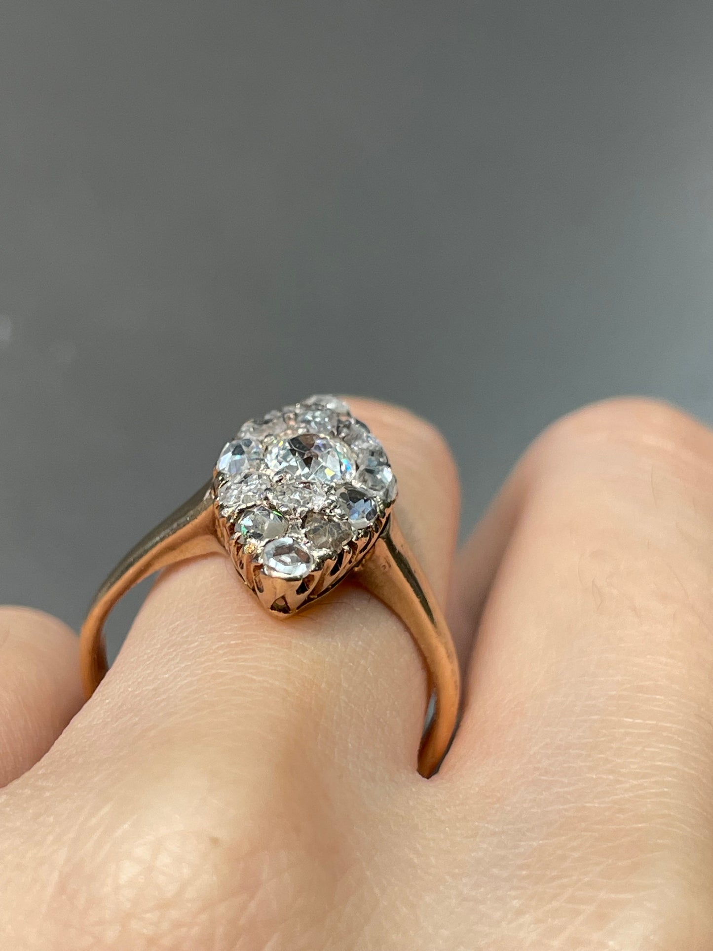 Antique Edwardian 14K Yellow Gold Diamond Navette Cluster Ring