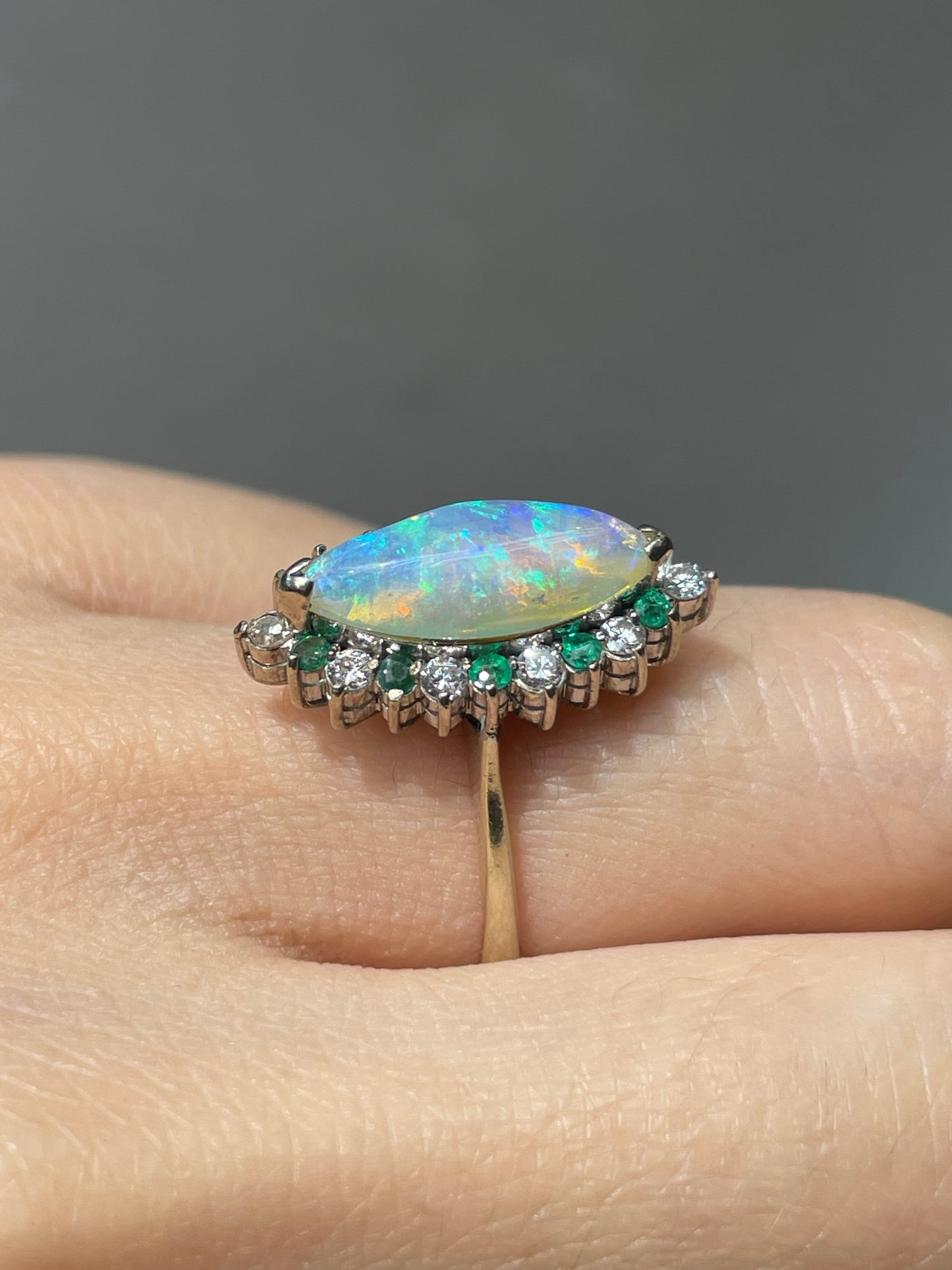 14K White Gold Marquise Opal Diamond Emerald Ring