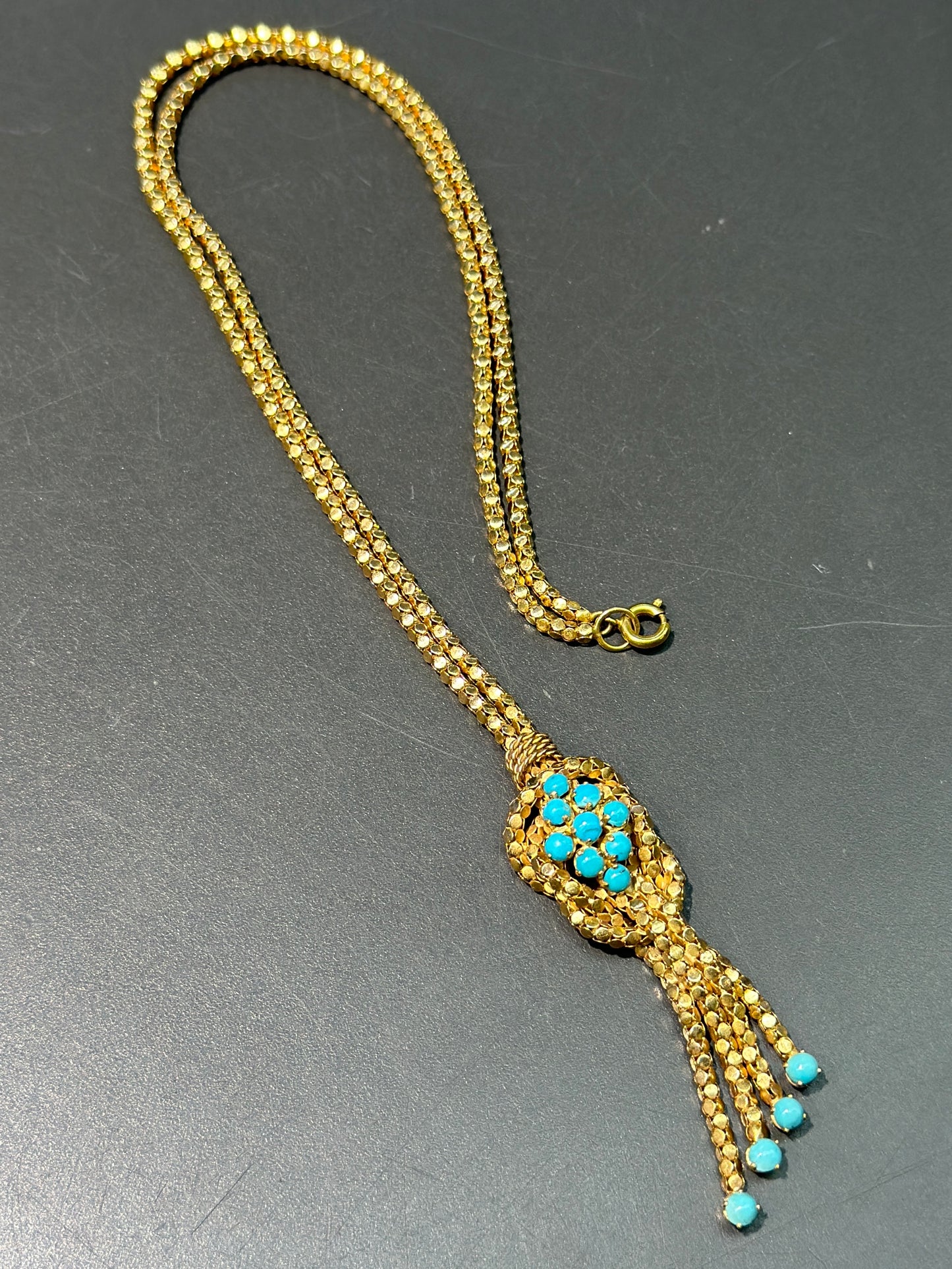 Retro 18K Yellow Gold Turquoise Popcorn Chain Tassel Necklace