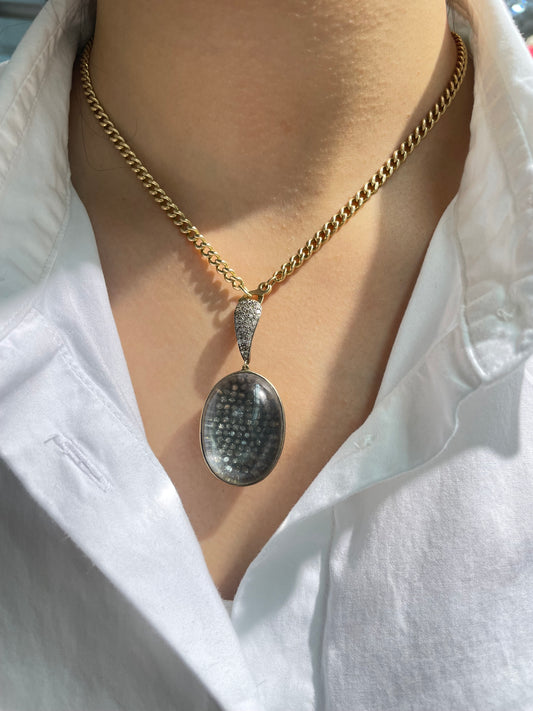 Vintage 14K Gold Silver 3.0ctw Diamond Rock Crystal Orb Pendant