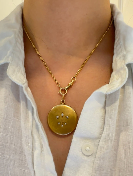 Antique 14K Yellow Gold 0.18 CTW Diamond Fleur De Lis Locket Pendant