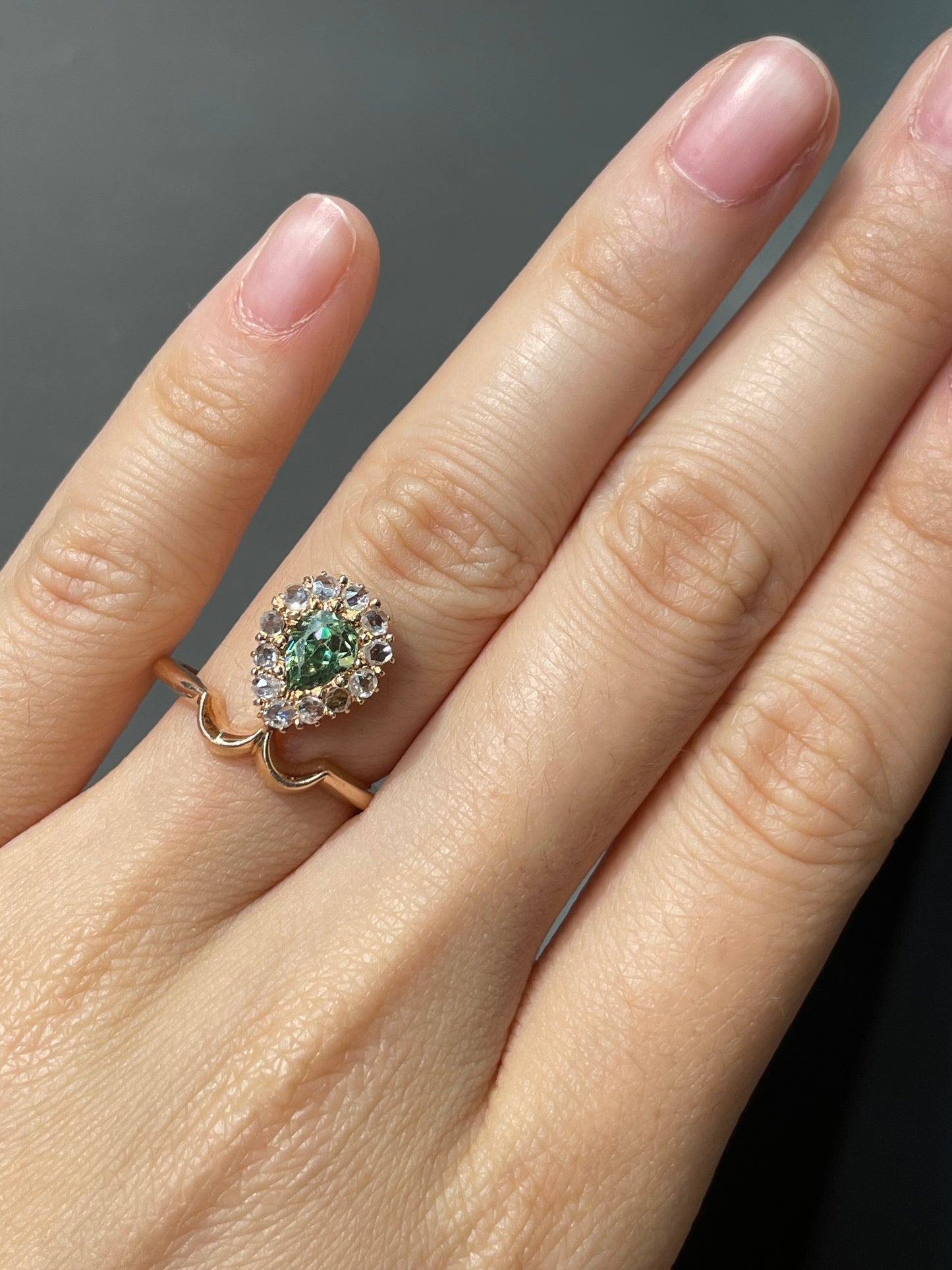 Antique Russian 14K Yellow Gold 0.71 CTW Drop Demantoid Garnet Diamond Halo Tiara Ring