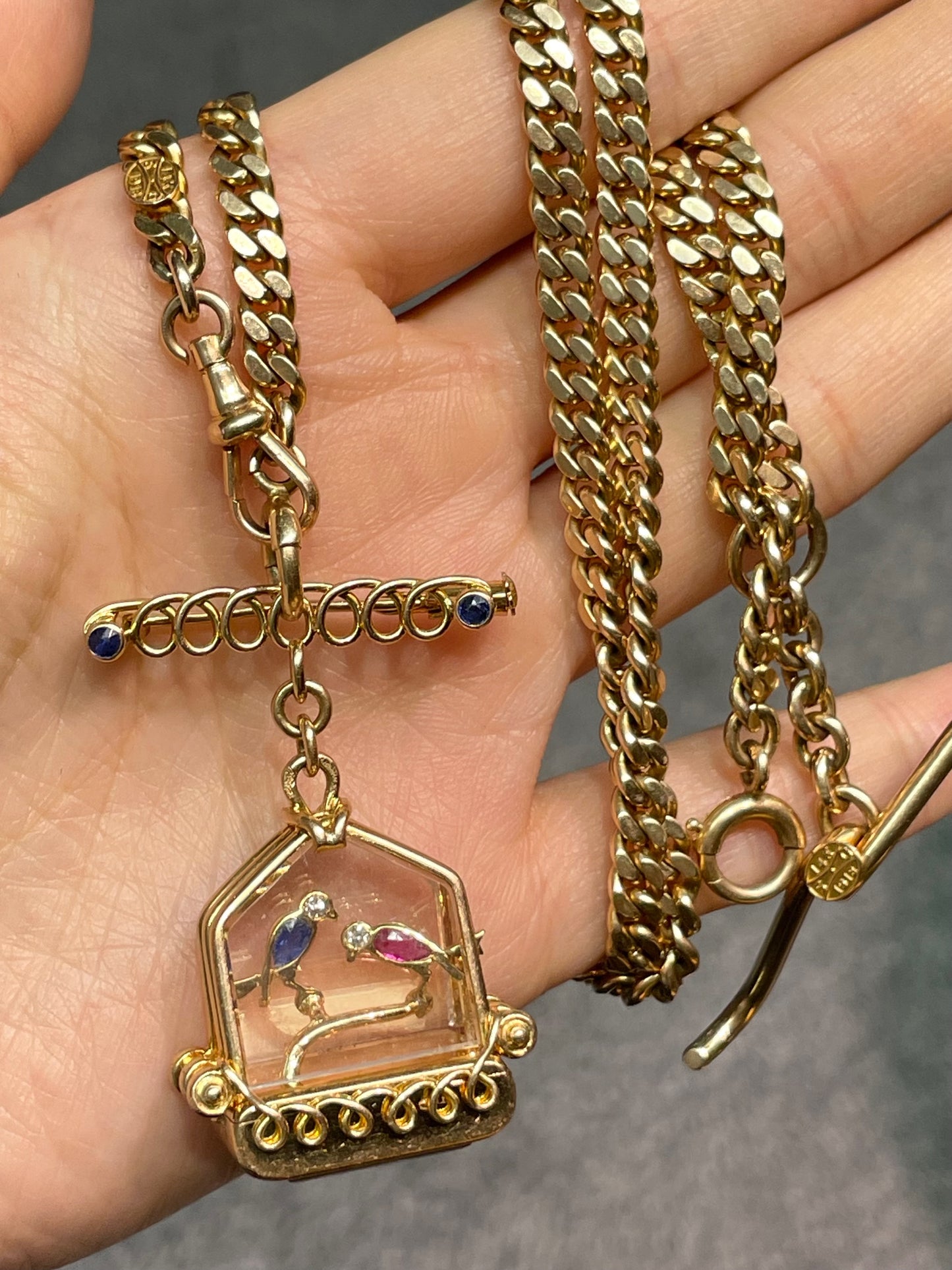 Vintage French UTI 18K Gold French Ruby Sapphire Bird Cage Pocket Watch Pendant