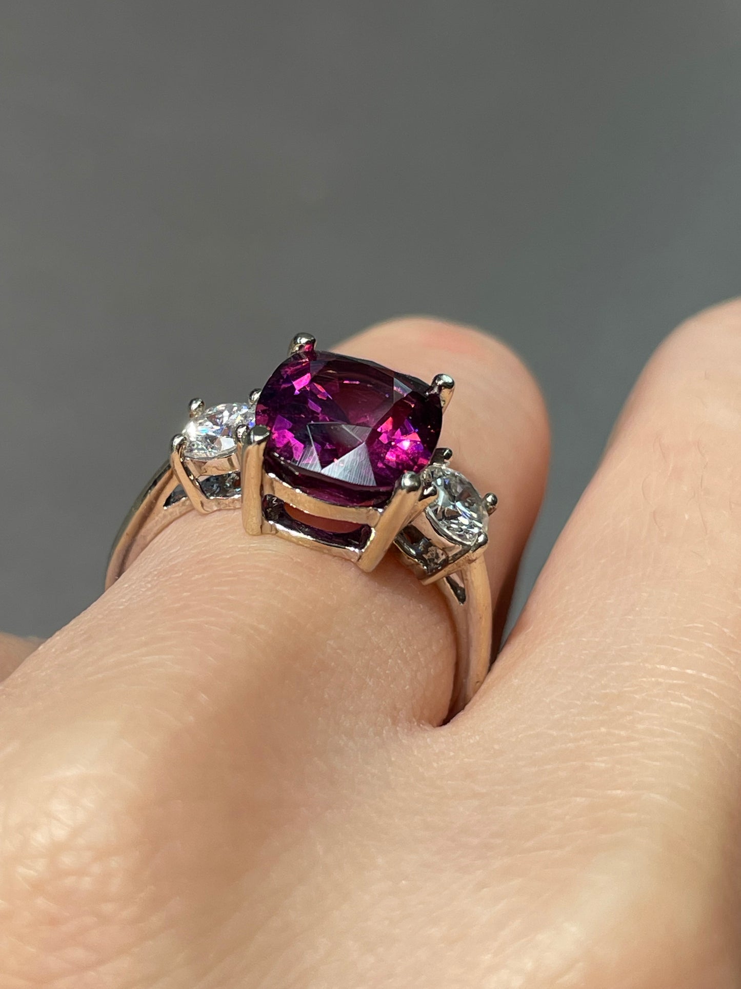 14K White Gold 4.20 CT Rhodolite Diamond Trilogy Ring