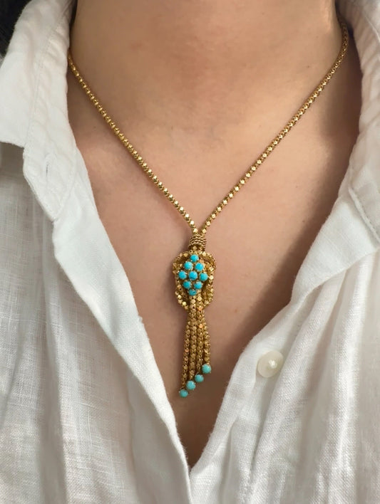 Retro 18K Yellow Gold Turquoise Popcorn Chain Tassel Necklace