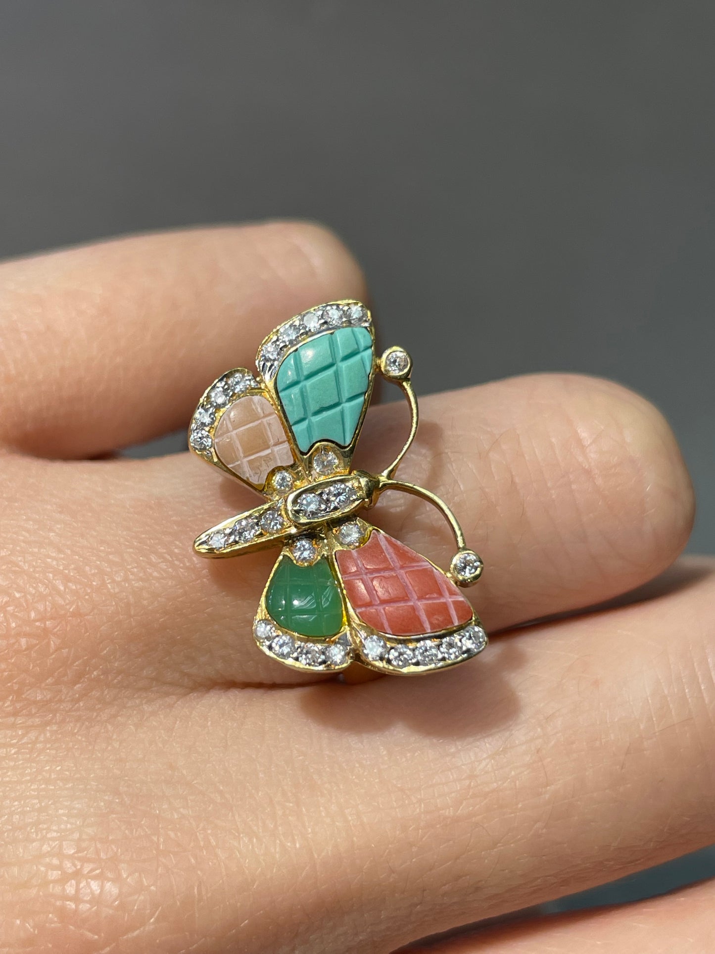 Vintage 18K Yellow Gold Multi Gemstone Butterfly Ring