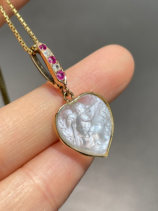 Antique 14K Gold Cherub Moonstone Ruby Diamond Heart Pendant