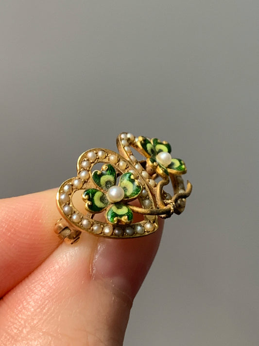 Art Nouveau 14K Yellow Gold Krementz & Co Double Heart Enameled Clover Seed Pearl Brooch