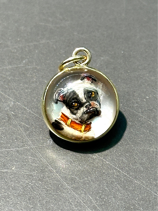 Antique 14K Gold Reverse Painted Essex Crystal Bull Dog Pendant