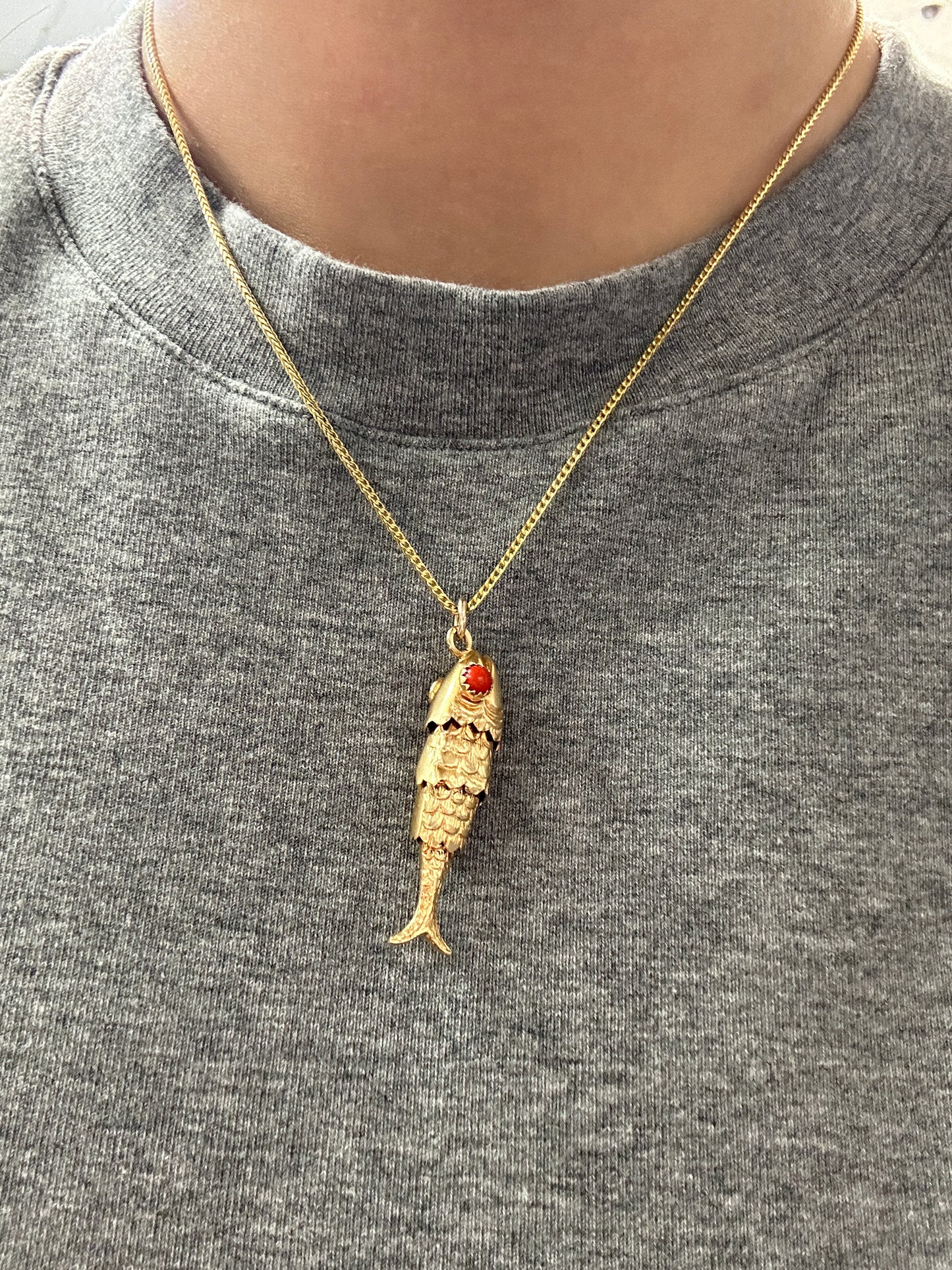Vintage 18K Gold Coral Articulated Fish Pendant