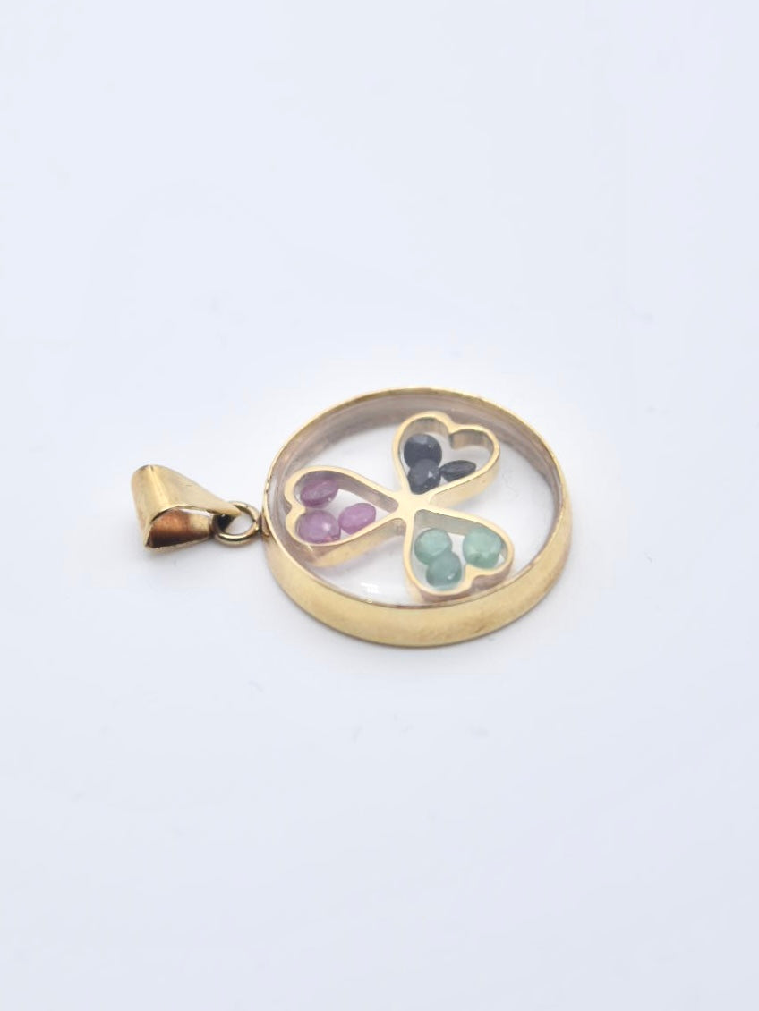复古 14K 金蓝宝石红宝石绿宝石三叶草摇动器吊饰