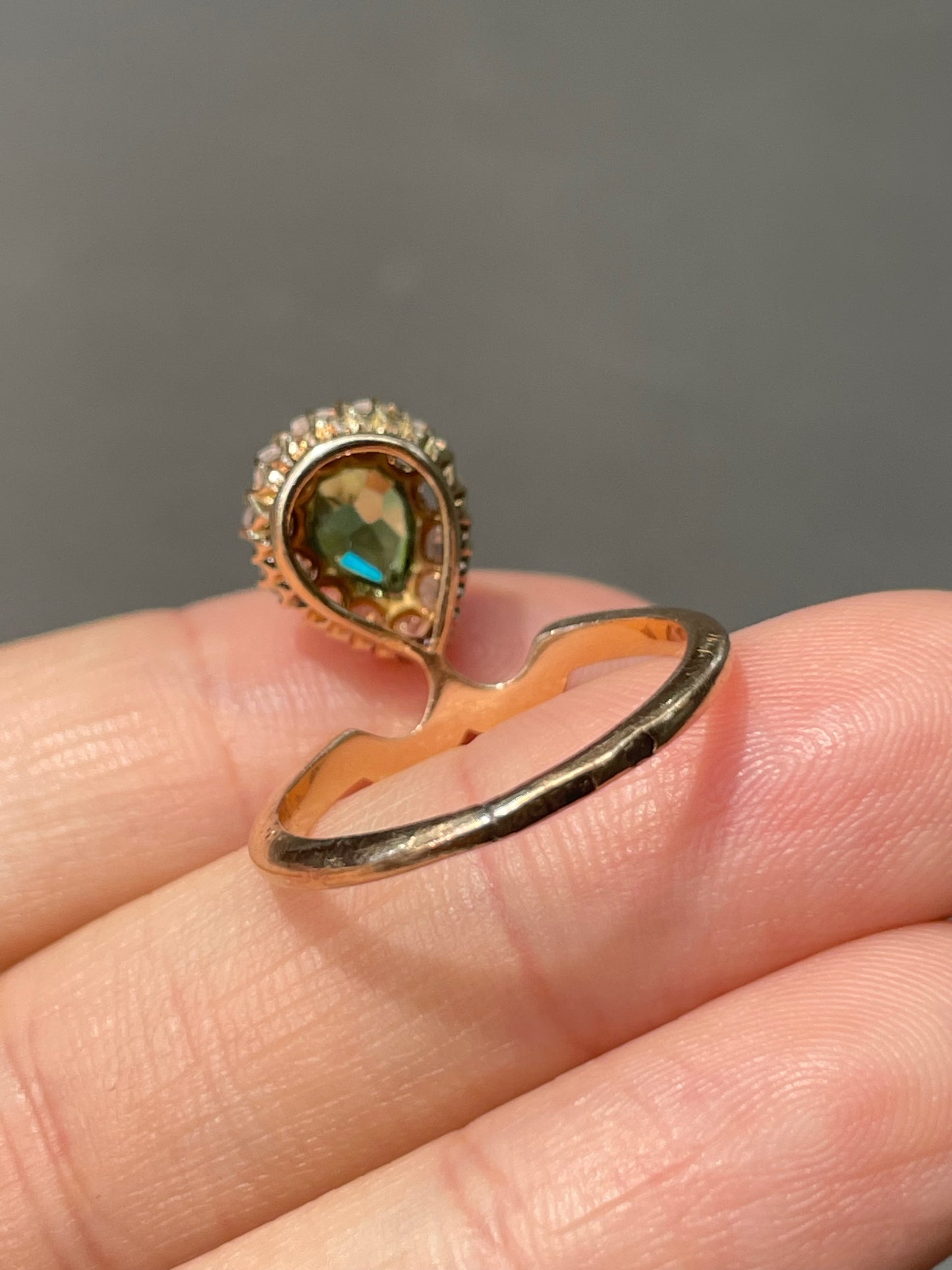 Antique Russian 14K Yellow Gold 0.71 CTW Drop Demantoid Garnet Diamond Halo Tiara Ring