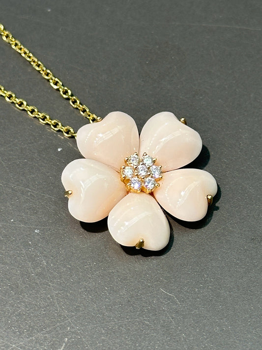 14K Yellow Gold Large Angel Skin Coral Diamond Flower Pendant