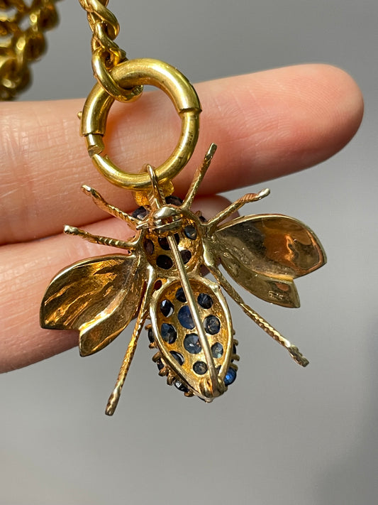 Vintage 14K Yellow Gold Sapphire Bee Pendant Brooch