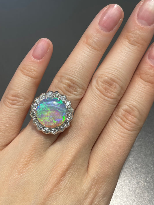 Antique Platinum Opal 1.28ct Diamond Halo Ring