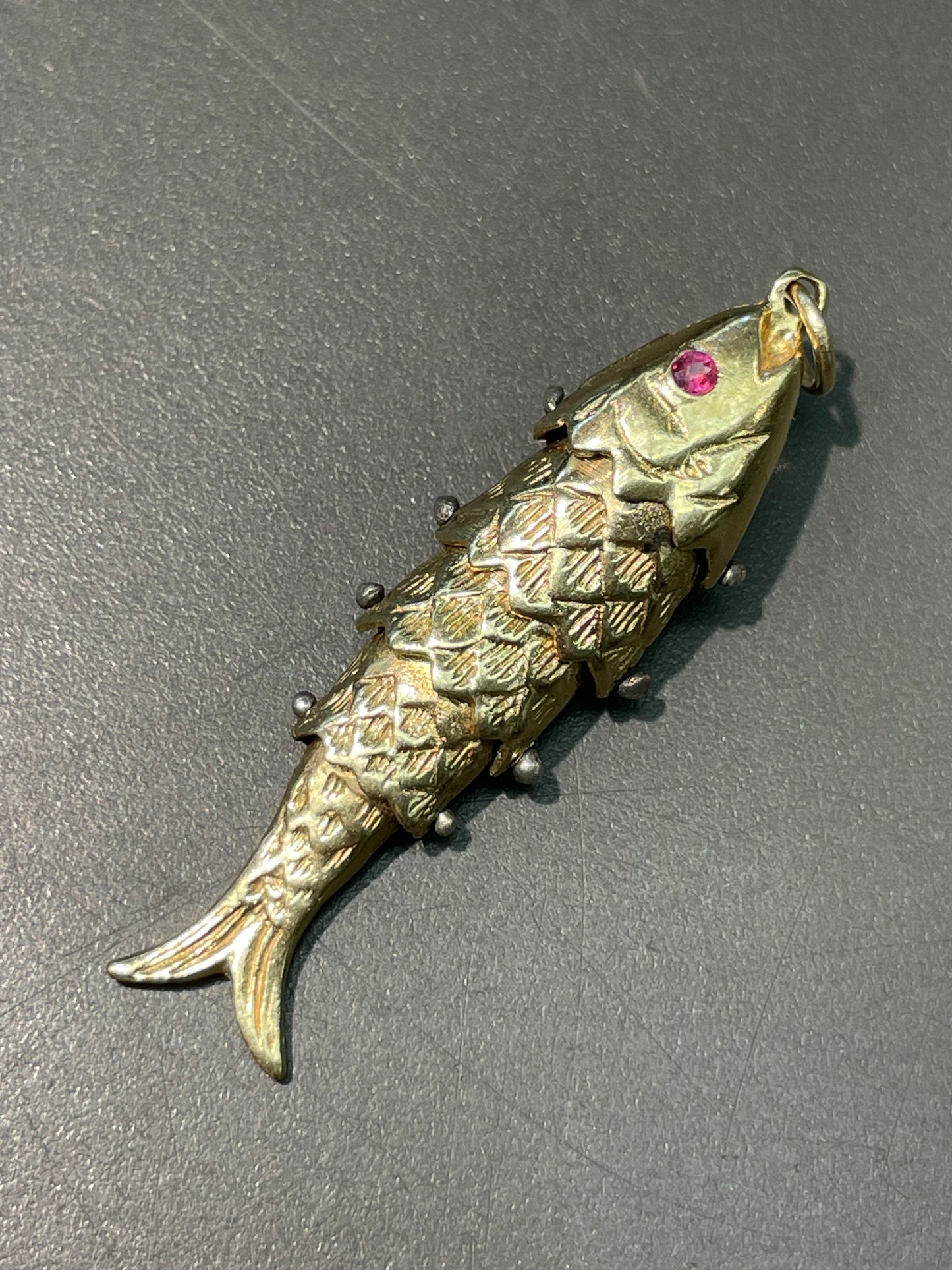 Vintage 14K Gold Large Ruby Articulated Fish Pendant