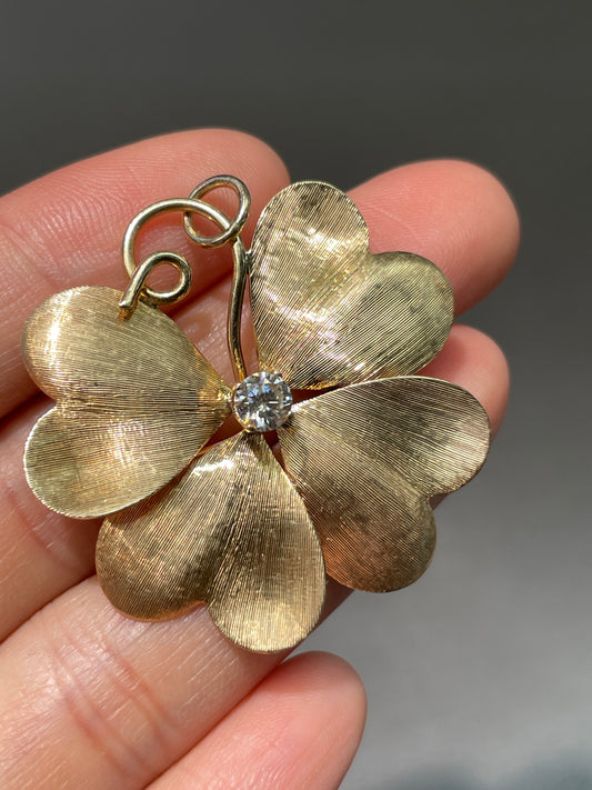 Vintage 14K Yellow Gold 0.35 CTW Diamond Shamrock Clover Pendant