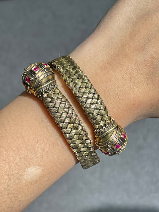 Victorian 14K Gold Ruby Orb Woven Bypass Bangle Bracelet