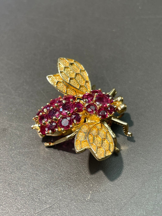 Vintage 14K Yellow Gold Ruby Bee Pendant Brooch